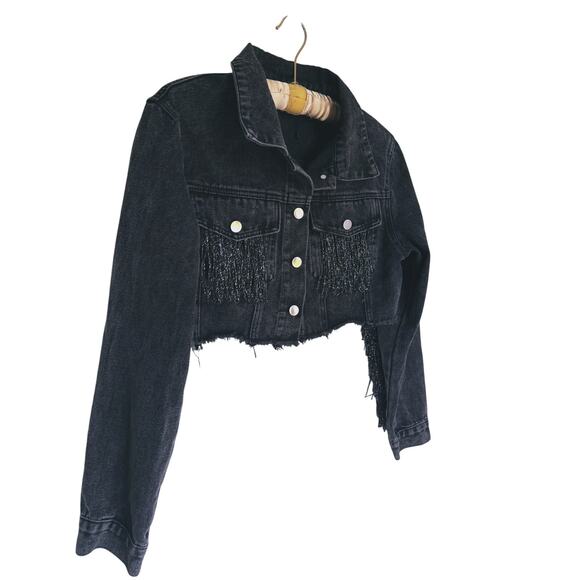 Fringe Cropped Distressed Y2K Denim Jacket Medium Western Raw Hem Grunge Retro - Picture 4 of 9